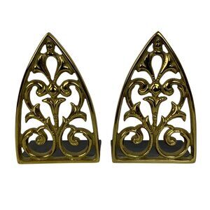 Vintage Cast Brass Cathedral Arch Scroll Bookends by Virginia Metalcrafters